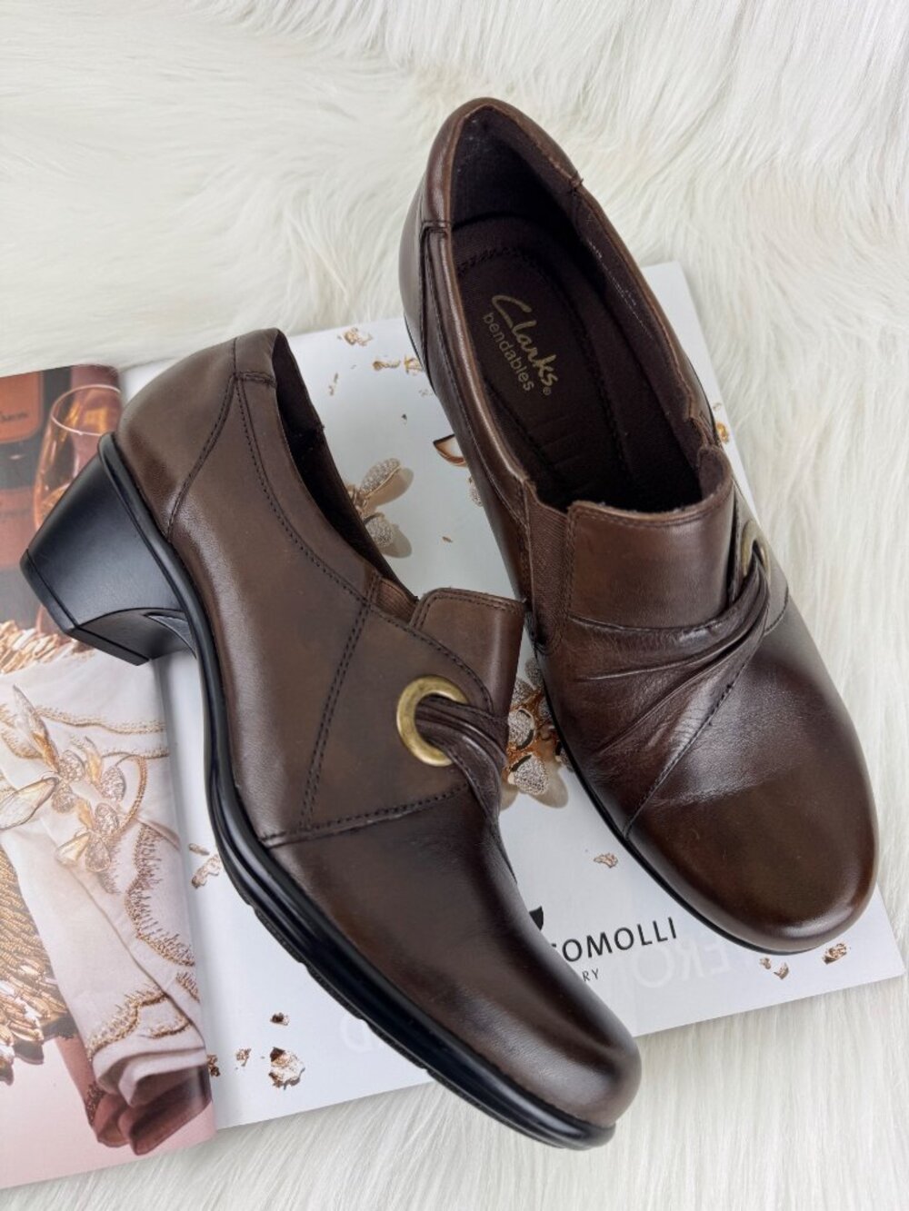 Women's Clarks Bendables Wish Tranc Ankle Bootie Shoes Brown Leather Sz US 7.5W